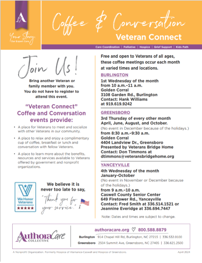 Veteran Connect information for Burlington, Greensboro, and Yanceyville, NC