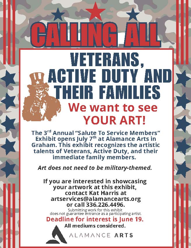 Salute to Alamance, honoring the art of veterans, active duty, and their families on exhibit at alamancearts.org